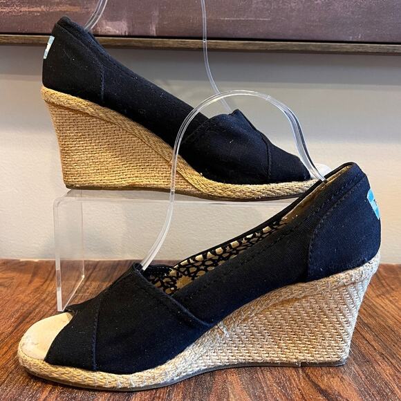 TOMS Black Canvas Peep Toe Espadrille Wedge Heels Women's Shoes - Picture 2 of 10
